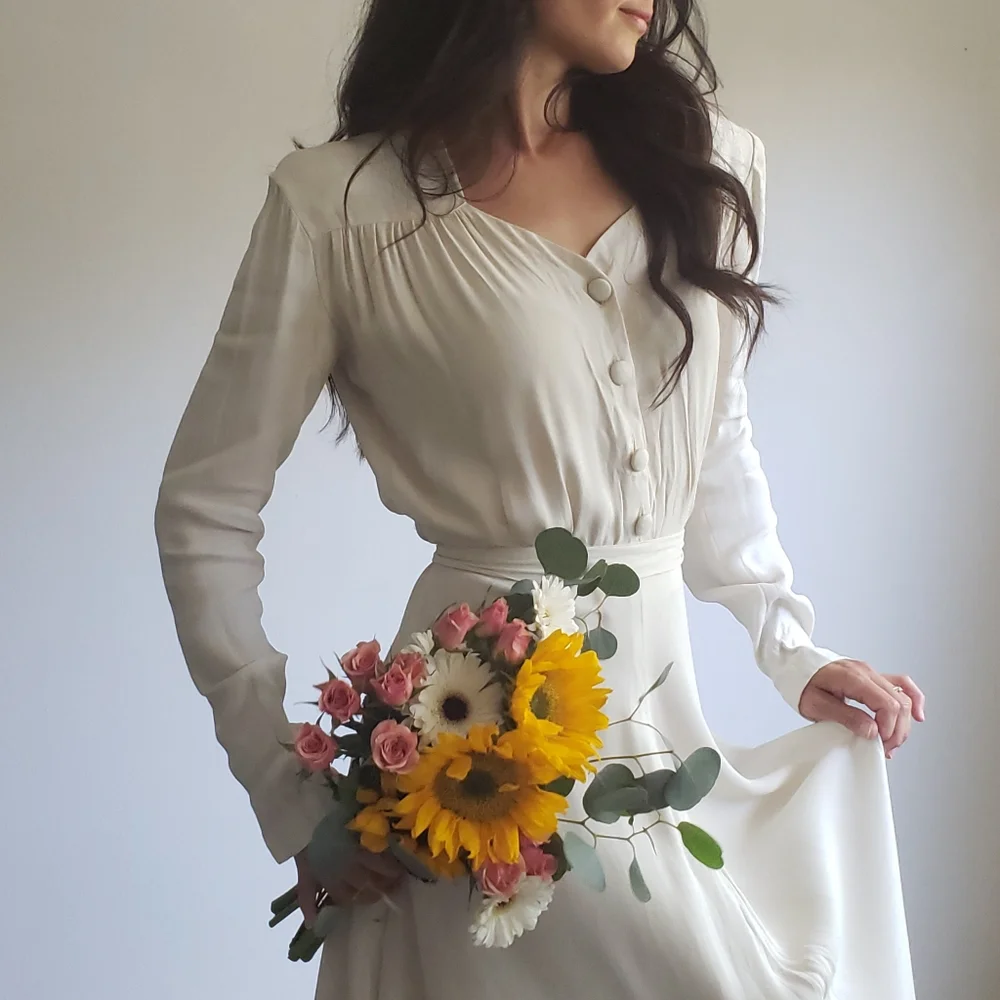 1940s Vintage Bridal Wedding Gown Dress Veil Belt - Picture 6 of 14